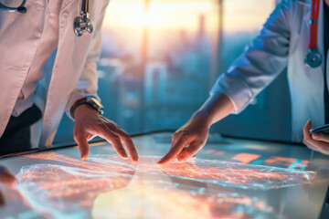 two medical professionals interacting with touch screen