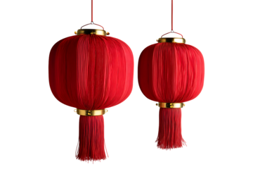 Pair of red Chinese lanterns with tassels hanging for Lunar New Year decoration, isolated on transparent background