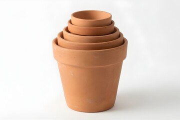 Stack of Empty Terracotta Clay Flower Pots Isolated on White Background