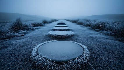 Moody landscape with frosty puddles on a deserted road in a rural area