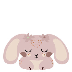 Obraz premium Cute sleeping boho bunny with flowers on head, isolated on white background. Adorable nursery animal illustration