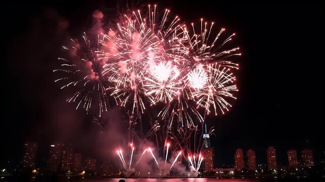 Spectacular Night Fireworks Display Over Water with Colorful Explosions.
