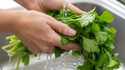 Fresh cilantro rinsed under tap water for meal preparation in the kitchen