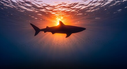 Underwater Silhouette of a Shark Swimming Near the Surface at Sunset with Vibrant Colors and Dramatic Lighting
