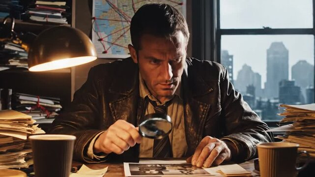 Detective examining photographs with a magnifying glass at his desk in a dimly lit office with skyline view