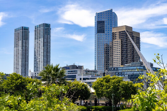 Buenos Aires skyline with modern skyscrapers and lush greenery