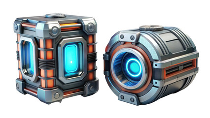 Fototapeta premium Cyberpunk style futuristic metal boxes with glowing blue lights isolated on transparent background