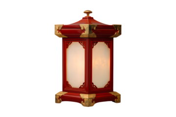Traditional red and gold Chinese lantern lamp with geometric panels, isolated on transparent background