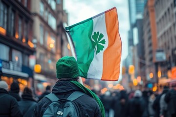 A person holds a flag with green, white, and orange colors marching in a city.