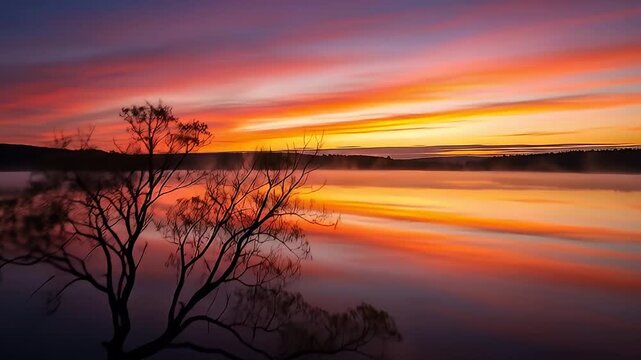 Stunning Sunset Over Calm Lake with Solitary Tree Reflected in Water.