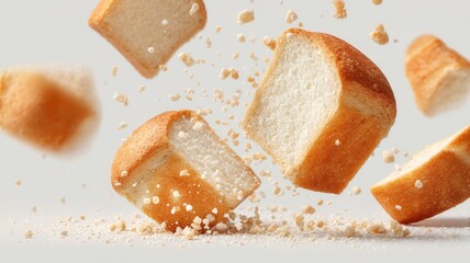 Sliced white bread and soft bakery rolls falling with crumbs, representing fresh goods and breakfast baked