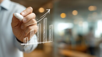 Professional hand drawing digital growth chart on tablet, showing market development analysis business and concept