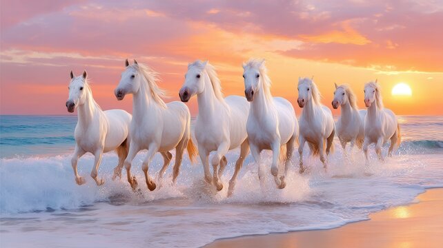 White horses running across water at colorful sunset, showcasing and natural freedom beauty