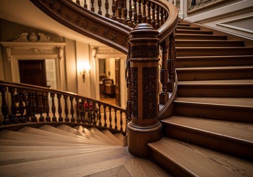 Elaborate wooden spiral staircase ascending in a grand opulent home