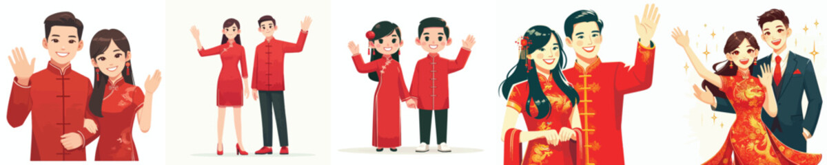 Vector of a couple saying hello. Chinese New Year. Vector, minimalist, illustration, icon set. © Dan