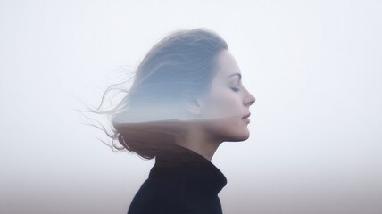 Woman silhouette overlaying a hazy sunset landscape, showcasing imagination inner thoughts