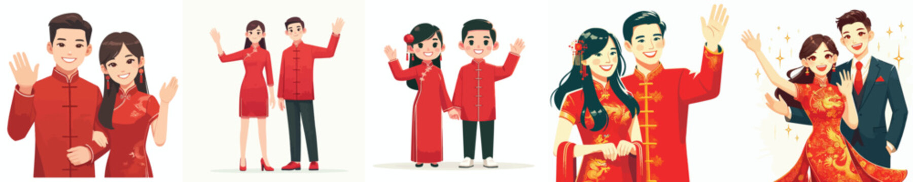 Vector of a couple saying hello. Chinese New Year. Vector, minimalist, illustration, icon set.