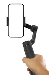 Man filming with a blank screen smartphone using a gimbal stabilizer isolated on white background