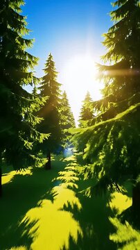 Sunlight filtering through lush green pine trees in a vibrant forest landscape.