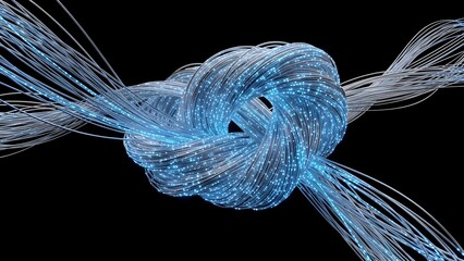 Glowing Blue Fiber Optic Cable Knot on Black Background Representing Global Network and Data Connectivity 4k