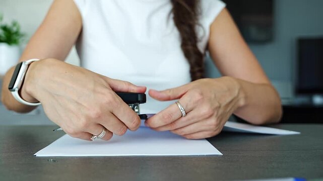 Close up of woman hands stapling documents with stapler on desk in home office. Paperwork organization process, document assembly and everyday administrative routine in real life workspace