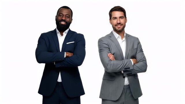 Two Diverse Businessmen in Suits Smiling Confidently on White Background.