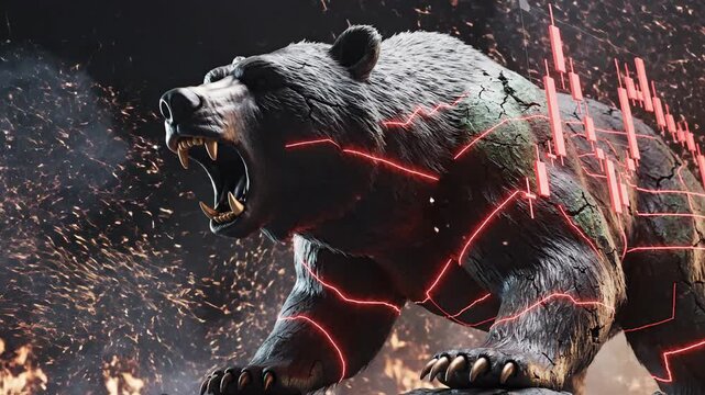 Ferocious bear roars, overlaid with stock market downtrend, on rocky terrain with hints of fire
