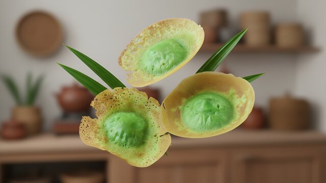 Three pieces of traditional Indonesian kue serabi ape with vibrant green pandan filling garnished with fresh dark green leaves floating mid-air