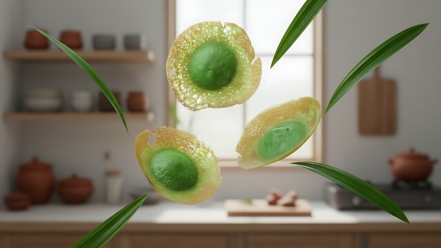 Delicious traditional southeast asian kue ape or serabi pancakes with vibrant green pandan filling levitate dynamically amidst long green leaves in a kitchen setting