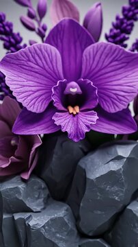 Vibrant Purple Orchids and Lavender Artistically Arranged on Dark Rocks.