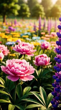 Vibrant Spring Meadow with Peonies, Daisies, and Lupines in Full Bloom, a Butterfly Fluttering Gracefully.