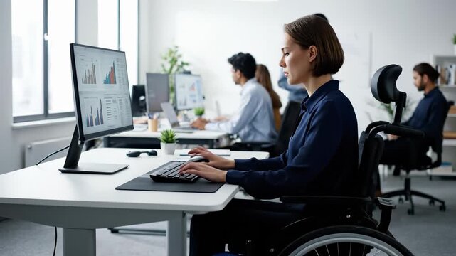 Business meeting with diverse team at modern office. Professional woman in wheelchair works on computer analyzing data. Collaboration fosters innovation and productivity.