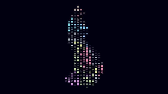 Liechtenstein animated country shape. Pulsating colored dots on the map of the country. Large size rounded square blocks. Digital style Liechtenstein map on dark background. Awesome animation video.