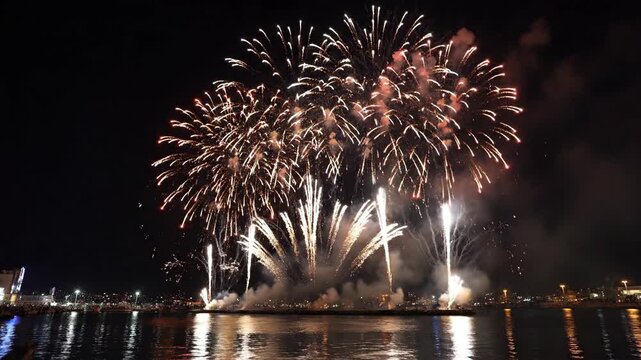 Fireworks display illuminating night sky above water, city skyline in distance