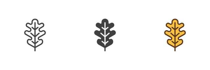 Obraz premium Oak leaf icon set in line, solid and filled outline colorful style. Autumn oak foliage icon, color vector sign and symbol.