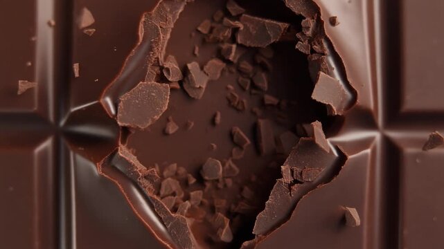 Macro Shot of Chocolate Bar Breaking with Crumbs and Sharp Edges