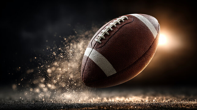 American football ball in motion with glowing particles and dramatic lighting