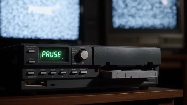 Vintage VCR with PLAY and PAUSE displayed on screen, retro technology in action.