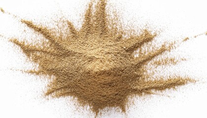 A burst of brown granular material on a bright white background