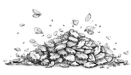 Monochrome pencil sketch of a pile of sliced objects, some airborne