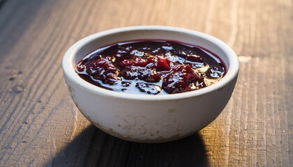 A close-up of cranberry sauce in a white bowl on a wooden surface