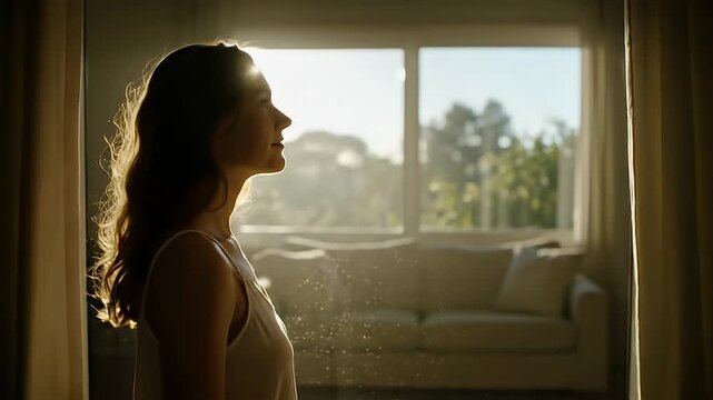 Woman opening curtains to bright morning sun, feeling refreshed and hopeful.