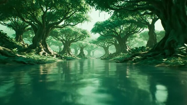 A serene river flows gently through a lush forest with large trees and green foliage.