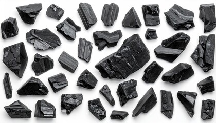 Group of raw, shiny black crystals arranged on a white background