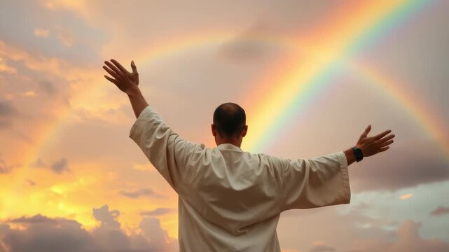 A man raises his arms in praise towards a majestic double rainbow. Person in a white robe worshiping at sunset. Concept of faith, hope, and divine promise