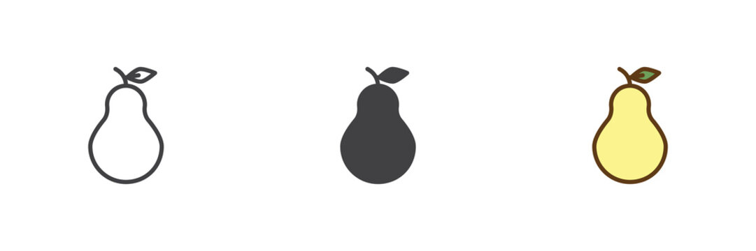 Fresh pear with leaf icon set in line, solid and filled outline colorful style. Autumn fruit pear icon, color vector sign and symbol.