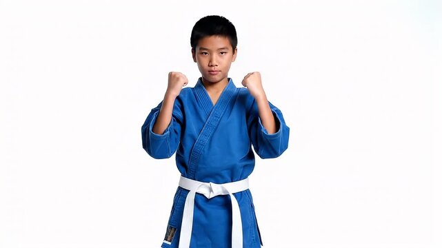 Young Asian Boy in Blue Kimono Practicing Martial Arts with Fists Up on White Background.