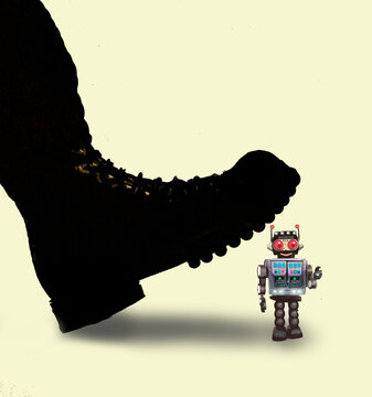Retro robot facing large boot symbolizing AI oppression and danger