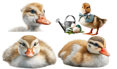Cute ducklings with fluffy feathers and bright blue eyes, one wearing a bow tie beside a watering can and fresh vegetables in a playful garden setting. isolated image, transparent background