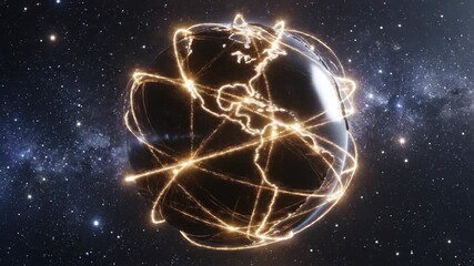 Animated digital network lines rapidly spread across a dark spinning Earth globe in deep space against a starfield background. - Powered by Adobe